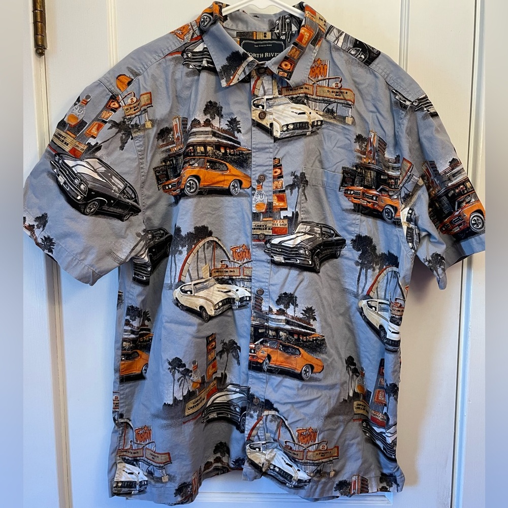 North River classic car blue short sleeve shirt. Size XL